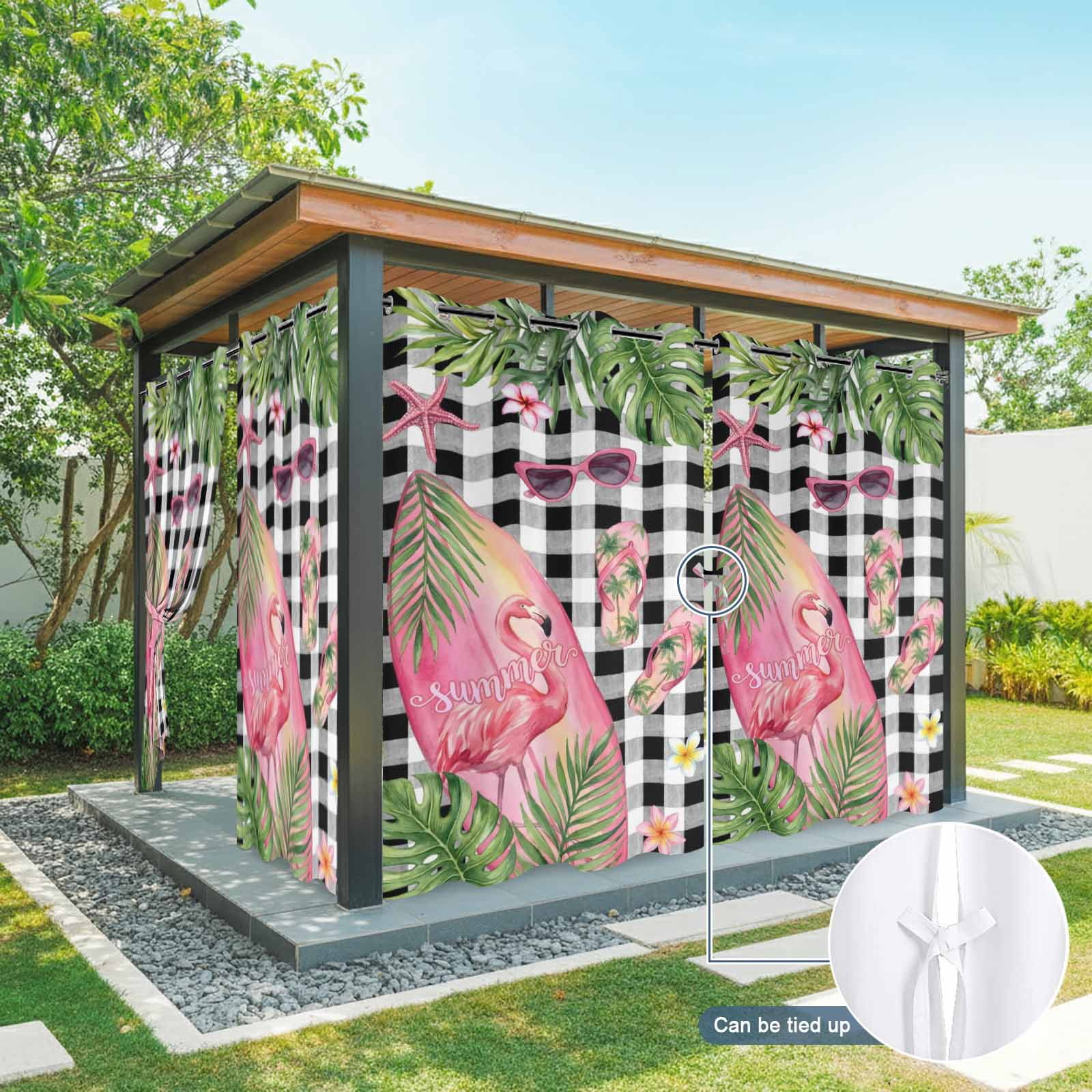 Summer Ocean Pink Surfboard Outdoor Curtains for Patio, Beach Slippers Flower Palm Leaf Black Plaid Sunshade Privacy Drapes Grommet Waterproof Outside Curtains for Porch Balcony 54"x108", 1 Panel