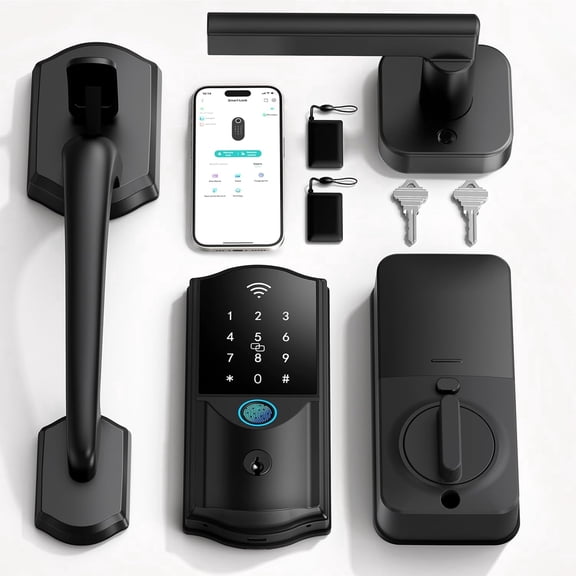 Built-in WiFi Smart Lock with Handle Set - Firstriver Fingerprint Keyless Entry Door Lock for Front Door, App Control, Digital Keypad Deadbolt, Auto Lock, Compatible with Alexa & Google Assistant