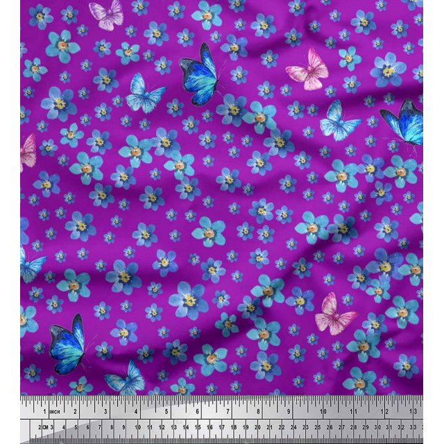 Soimoi Rayon Crepe Fabric Butterfly & Flower Floral Print Fabric by Yard 46 Inch Wide