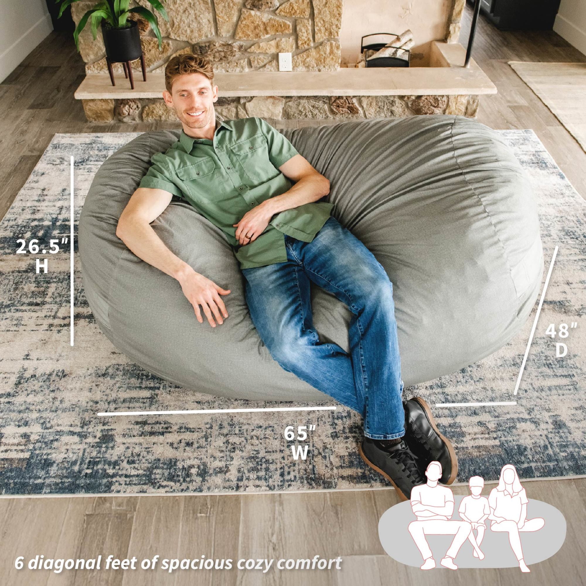 Big Joe Fuf 6Ft Giant Lounger Foam Bean Bag Chair, Oversized Couch with Removable Cover for Kids, Teens, Adults, Fog Lenox, Durable Woven Polyester, 6 foot