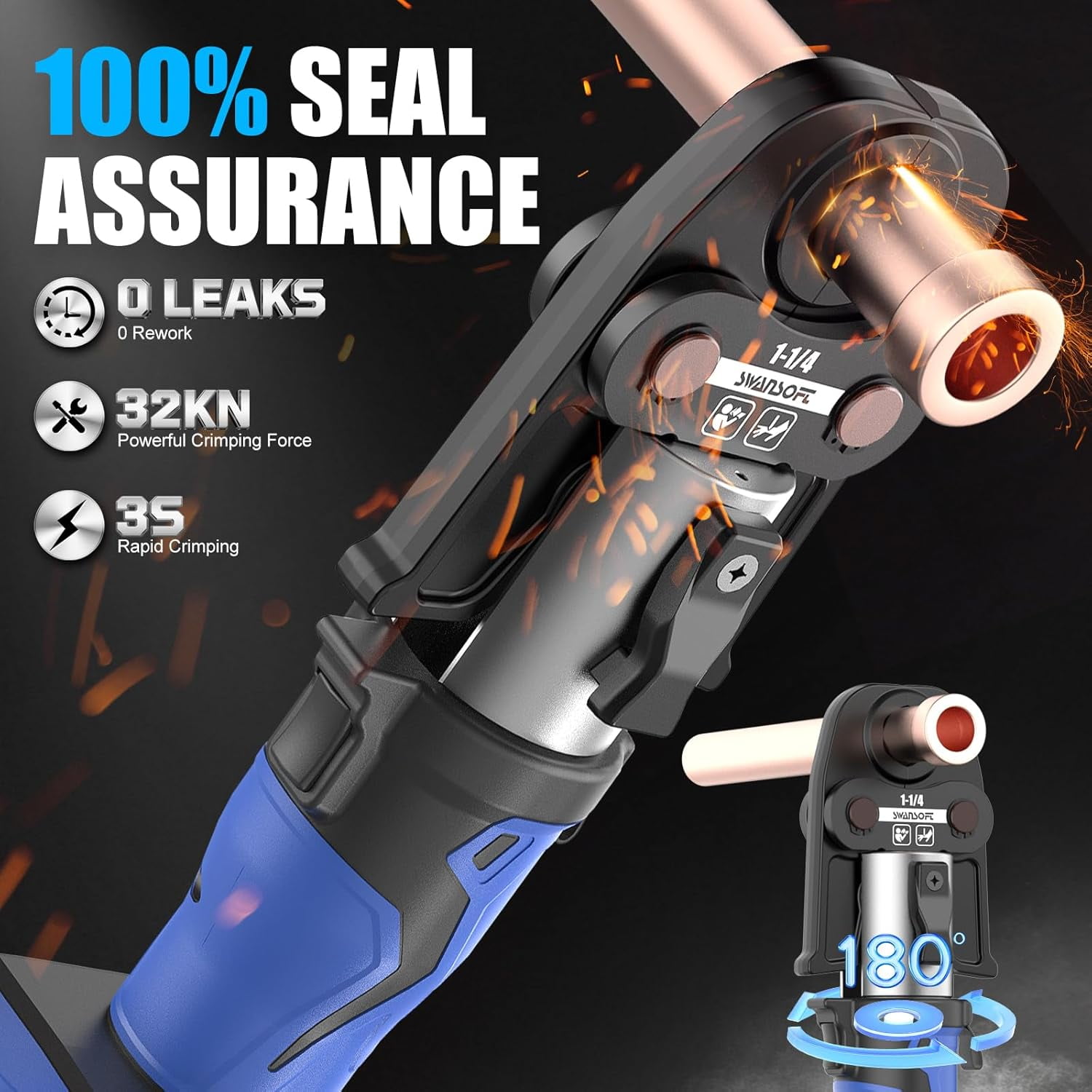 SWANSOFT Pro Press Tool for Copper Pipes, 32kN Propress Tool Kit with 6 US Standard Jaws 1/2", 3/4'', 1", 1-1/4", 1-1/2", 2", 18V Brushless Motor Electric Pipe Crimping Tool with 2Pcs 4Ah Battery