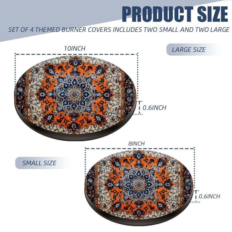 Set of 4 Round Electric Range Burner Covers, Retro Boho Floral Mental Durable Gas Stove Burner Covers for Kitchen Decoration , Two Small 8 Inches and Two Large 10 Inches