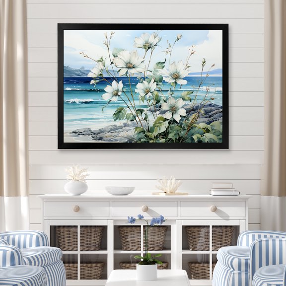 Designart "Oceanic Calm Beach View with Flowers II" Coastal Framed Wall Art Decor - Coastal Green Coastal Minimalism Entryway Framed Wall Art