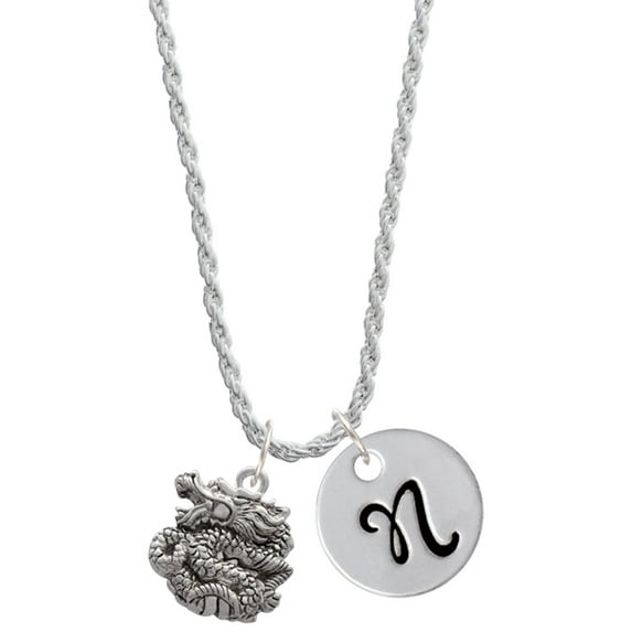 Delight Jewelry Silvertone Chinese Dragon Silvertone Script Initial Disc - N - Charm Necklace, 20"+3"