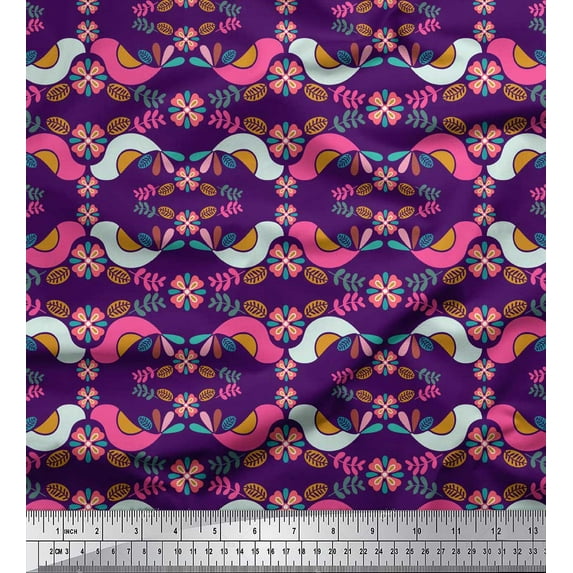 Soimoi Purple Modal Satin Fabric Floral & Birds Clip Art Print Sewing Fabric Yard 42 Inch Wide