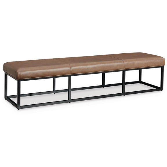 Signature Design by Ashley Joston 71-inch Modern Leather Accent Bench with Metal Frame, Caramel Brown