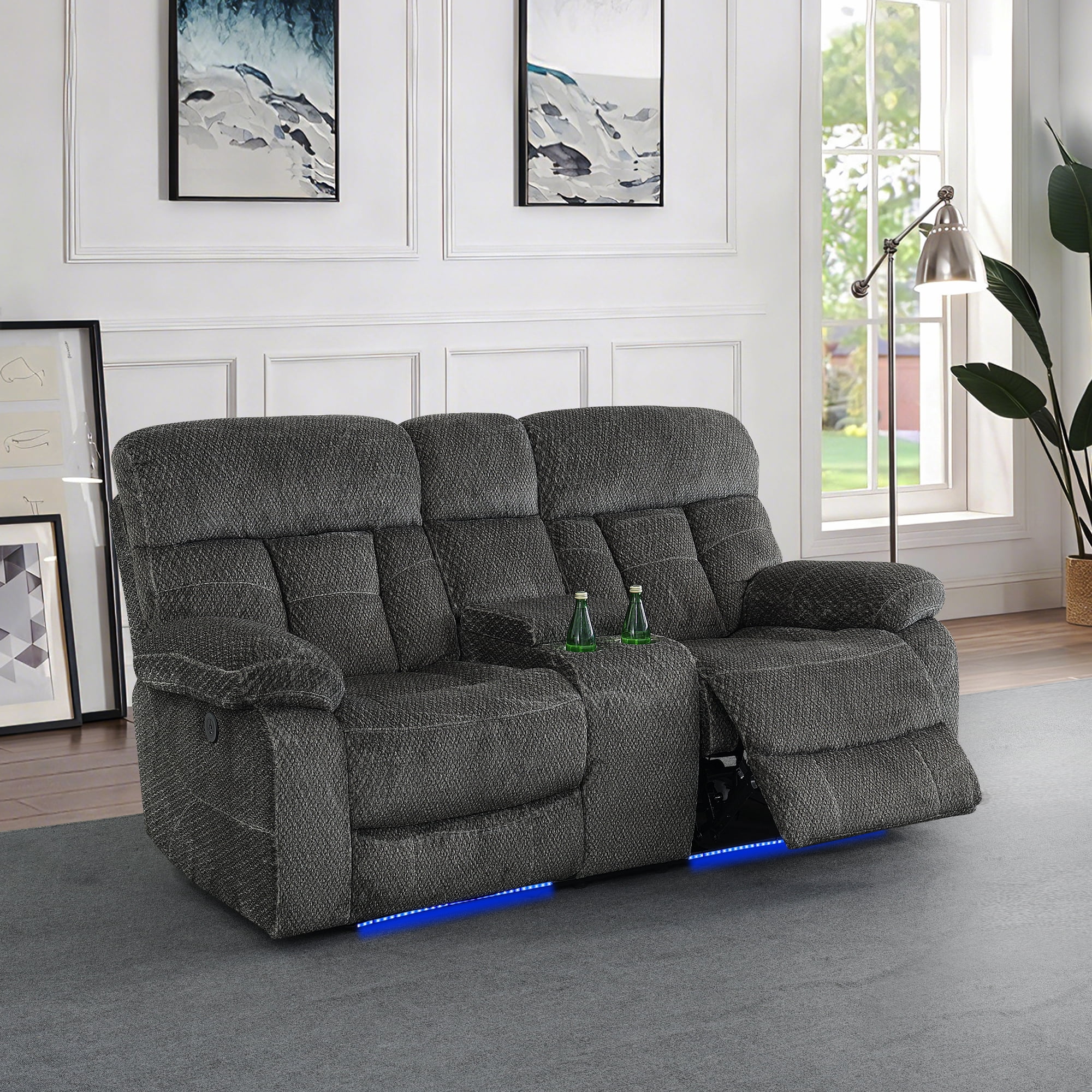 Gewnee Power Recliner Loveseat, LED Ambient Lights, Built in USB & Type‑C Ports, Hidden Storage, Home Theater Seating with Cup Holders, Flocking‑Grey