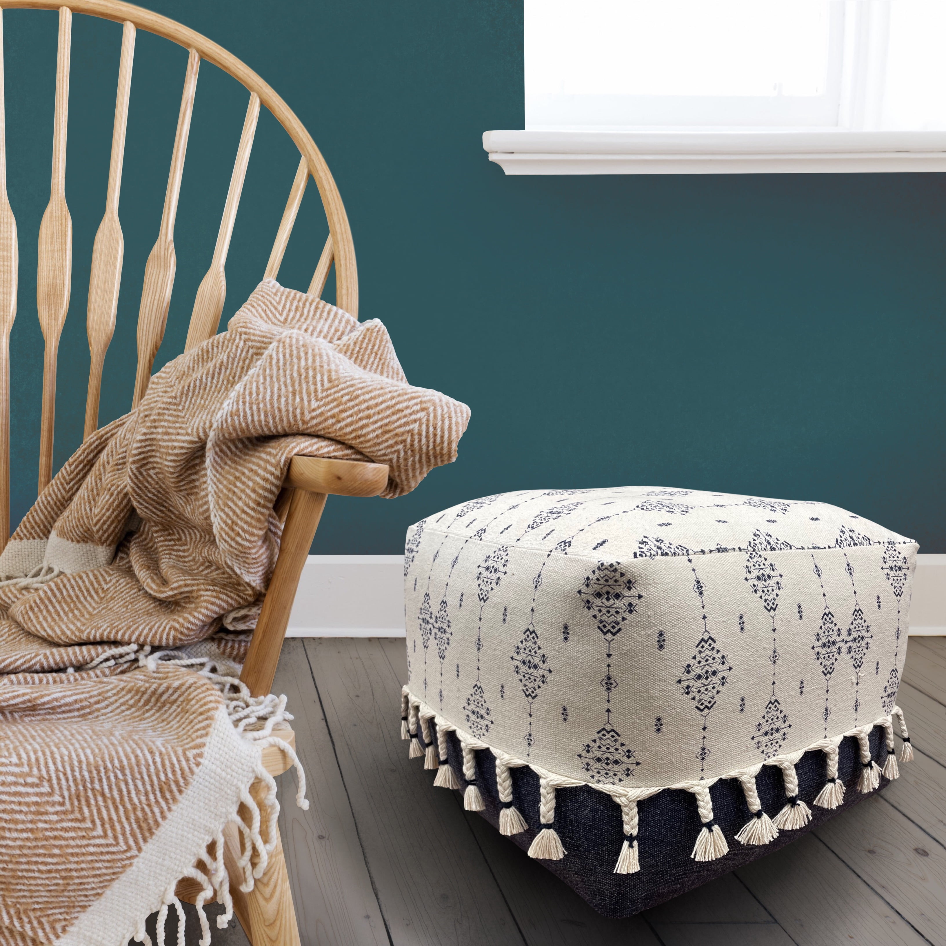 LR Home Small Tassels Tribal Indoor Square Pouf, Navy/Ivory, 18" x 18" x 14"