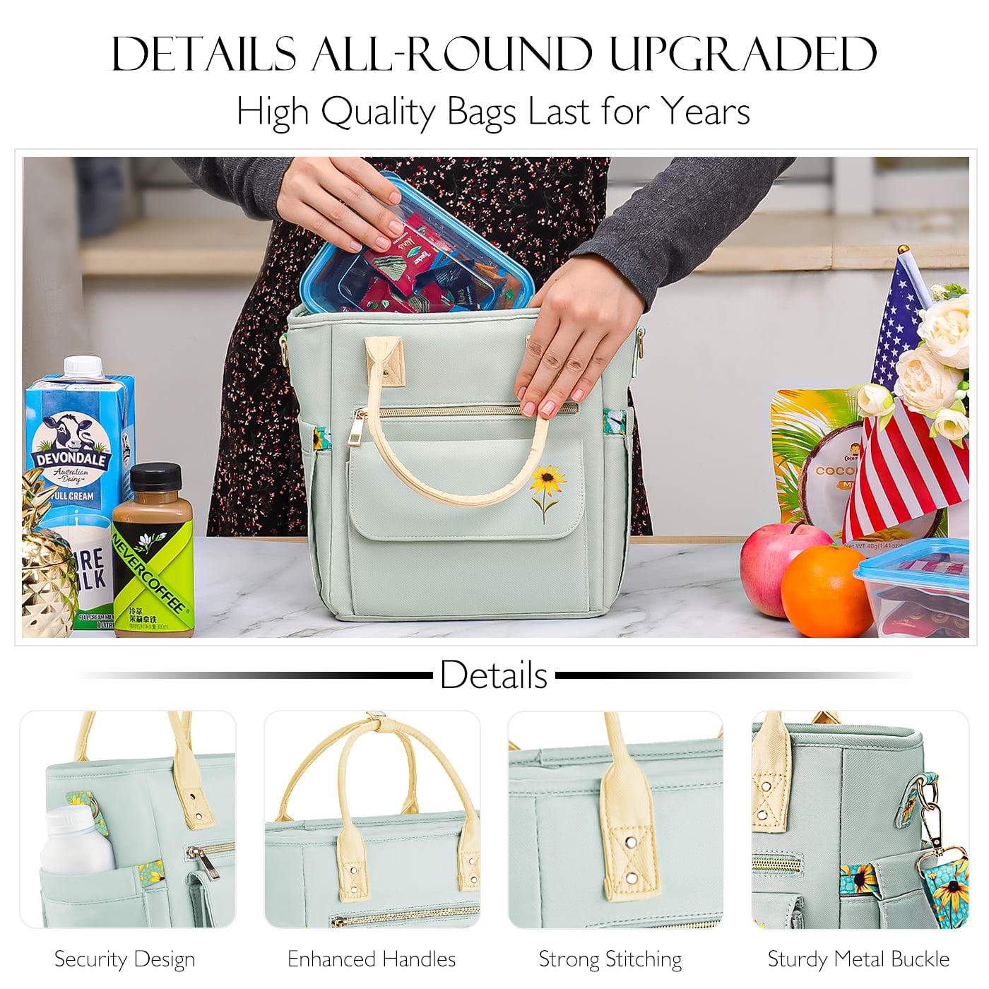 Deluxe Large Insulated Lunch Bag Box Women - Leakproof Waterproof Cooler with Multi Pockets Removable Strap for Work Picnic - Teacher Mothers Day Christmas Birthday Gifts