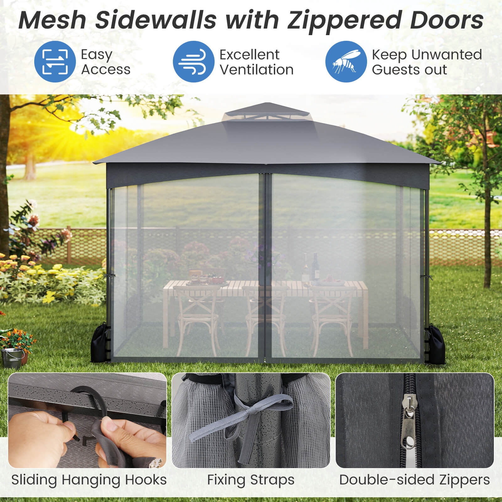 Costway 10x12 FT 2-Tier Patio Gazebo Canopy Netting Heavy-Duty Metal Easy-Setup Outdoor