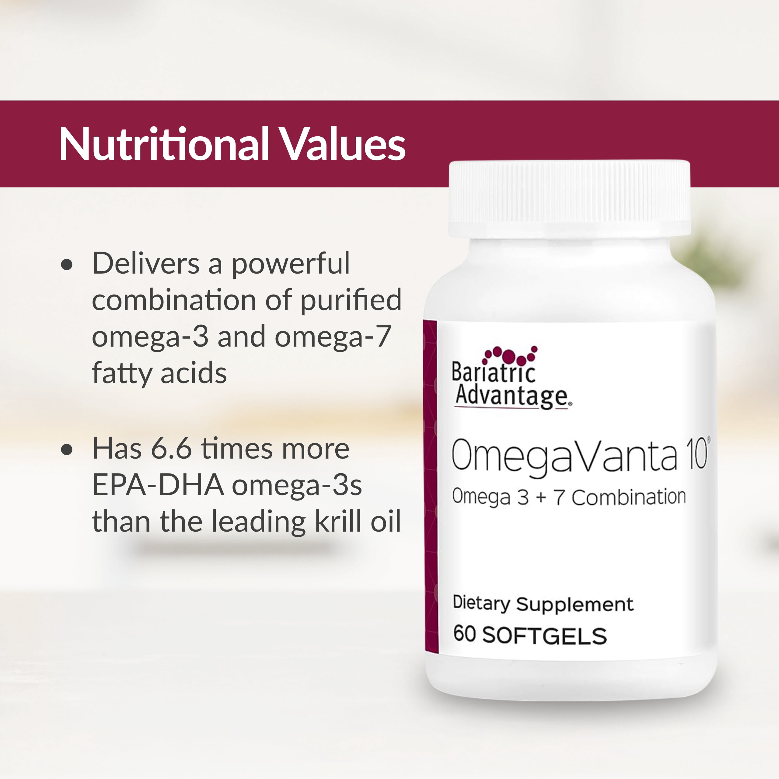 Bariatric Advantage OmegaVanta 10, Omega 3 and Omega 7 Combination EPA DHA Supplement for Overall Cardiovascular Health - Natural Lemon Flavor, 60 Softgels