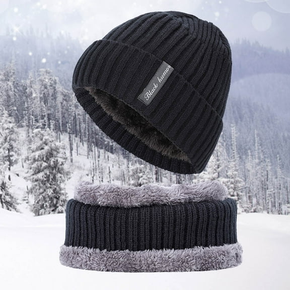 Dyfzdhu Men Women Warm Winter Thicken Hat Scarf Two-Piece Knit Windproof Cap Black