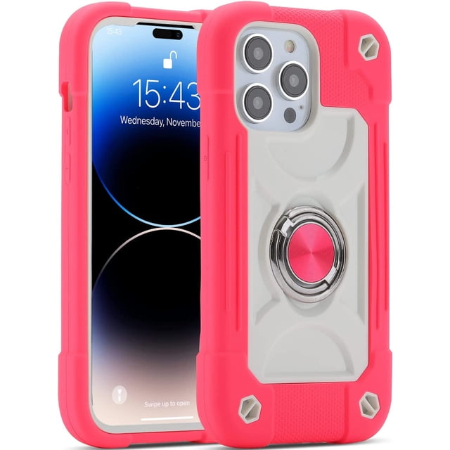 Compatible avec Étui iPhone 14 Pro 6.1 Pouces avec Support Anneau Intégré, Protection contre les Chutes de Qualité Militaire Étui Robuste 3 en 1 Durable. (Rose Vif)