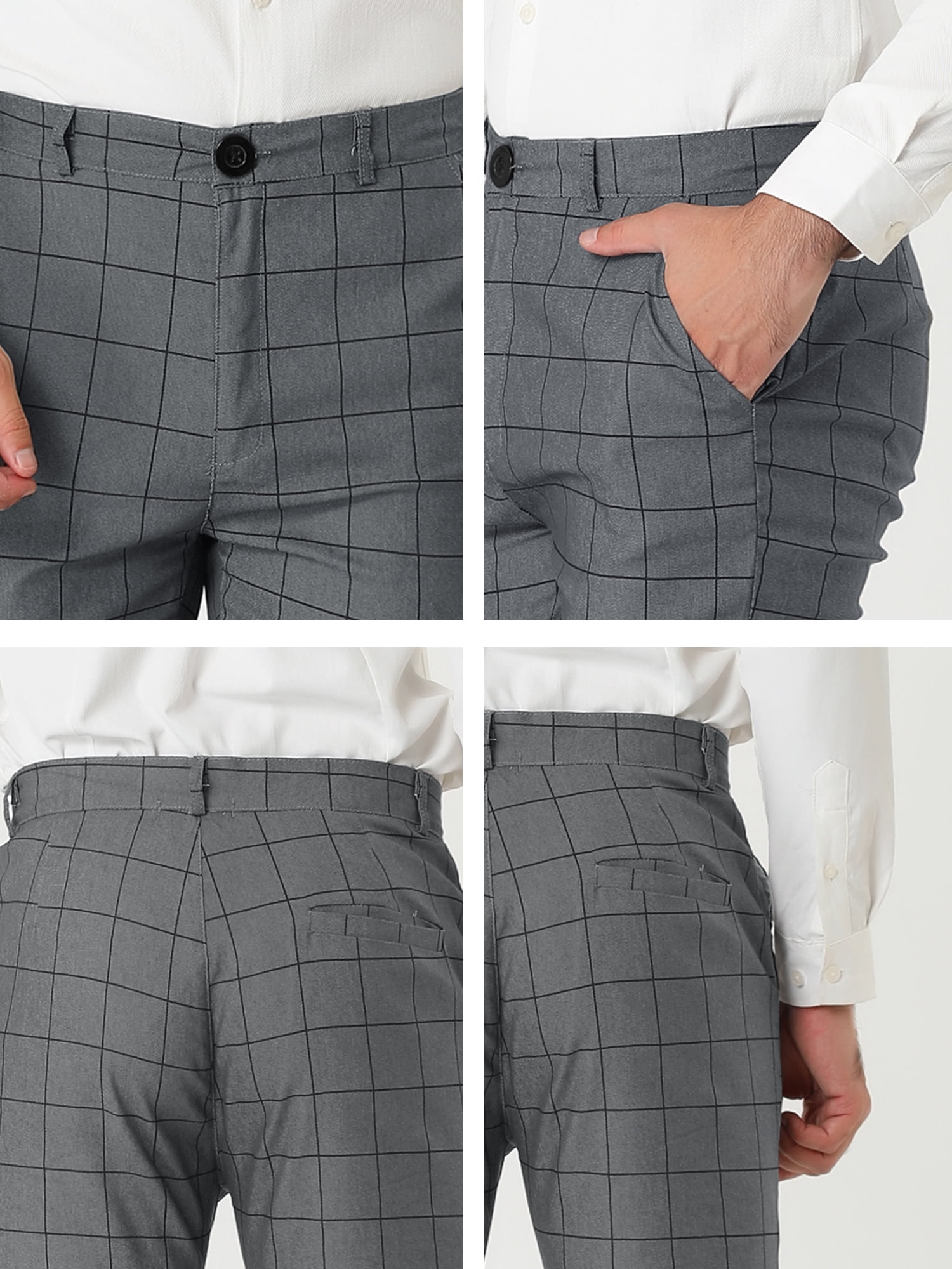 Unique Bargains Men's Slim Fit Plaid Business Pants Trousers with Pockets 34 Gray