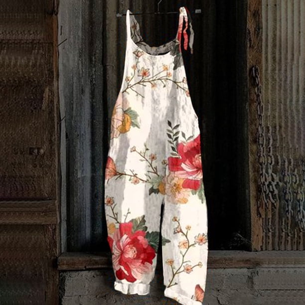 ICHUANYI Clearance Women's Casual Sleeveless Strap Floral Printed Spaghetti High Waist Wide Leg Jumpsuit Rompers(White, XXL) ICHUANYI WER2023081108561