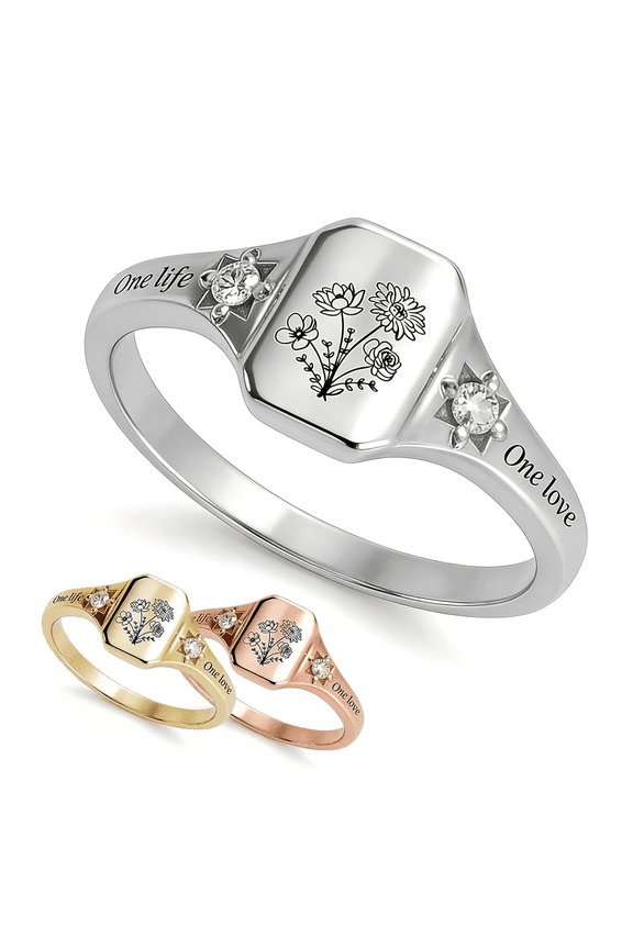 Custom 12 Birth Month Flower Rings - Signet Rings for Women Personalized BirthFlowers & Birthstones Grandmother Mother Ring Gift for Women Mom