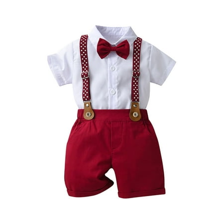 

Qtinghua Toddler Baby Boys Gentleman Summer Clothes Short Sleeve Bow Tie T-shirt Top+Suspender Shorts Pants Set White 18-24 Months