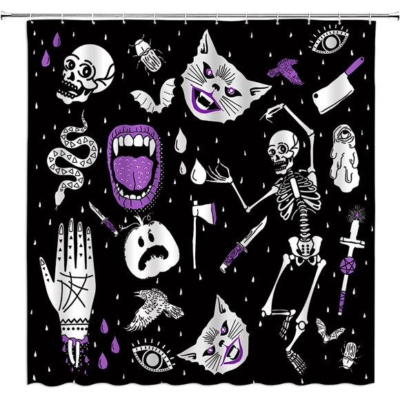 AIR-Halloween Shower Curtain Spooky Alchemy Witchy Skull Skeleton Cat Pumpkin Palmistry Gothic Boho Magic Ouija Board Black Purple Bathroom Home Curtain with Hooks,70" Wx70 H