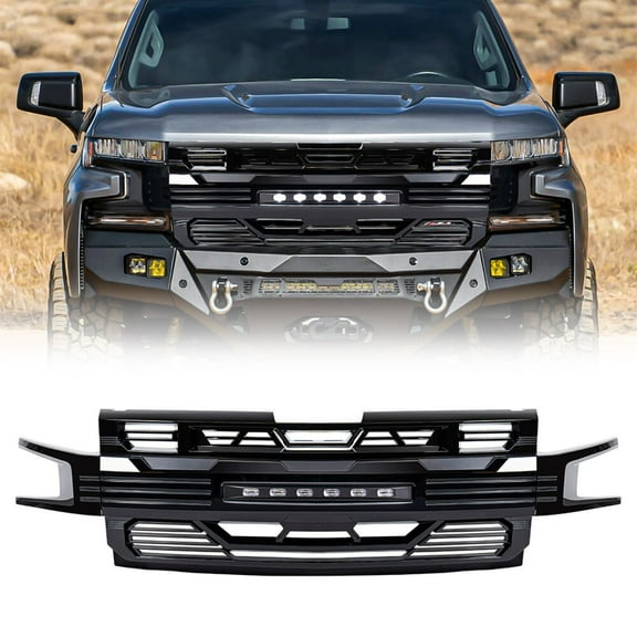AMERICAN MODIFIED Front Armor Grille W/LED Off-Road Lights Glossy Black For 2019-2021 Chevy Silverado 1500