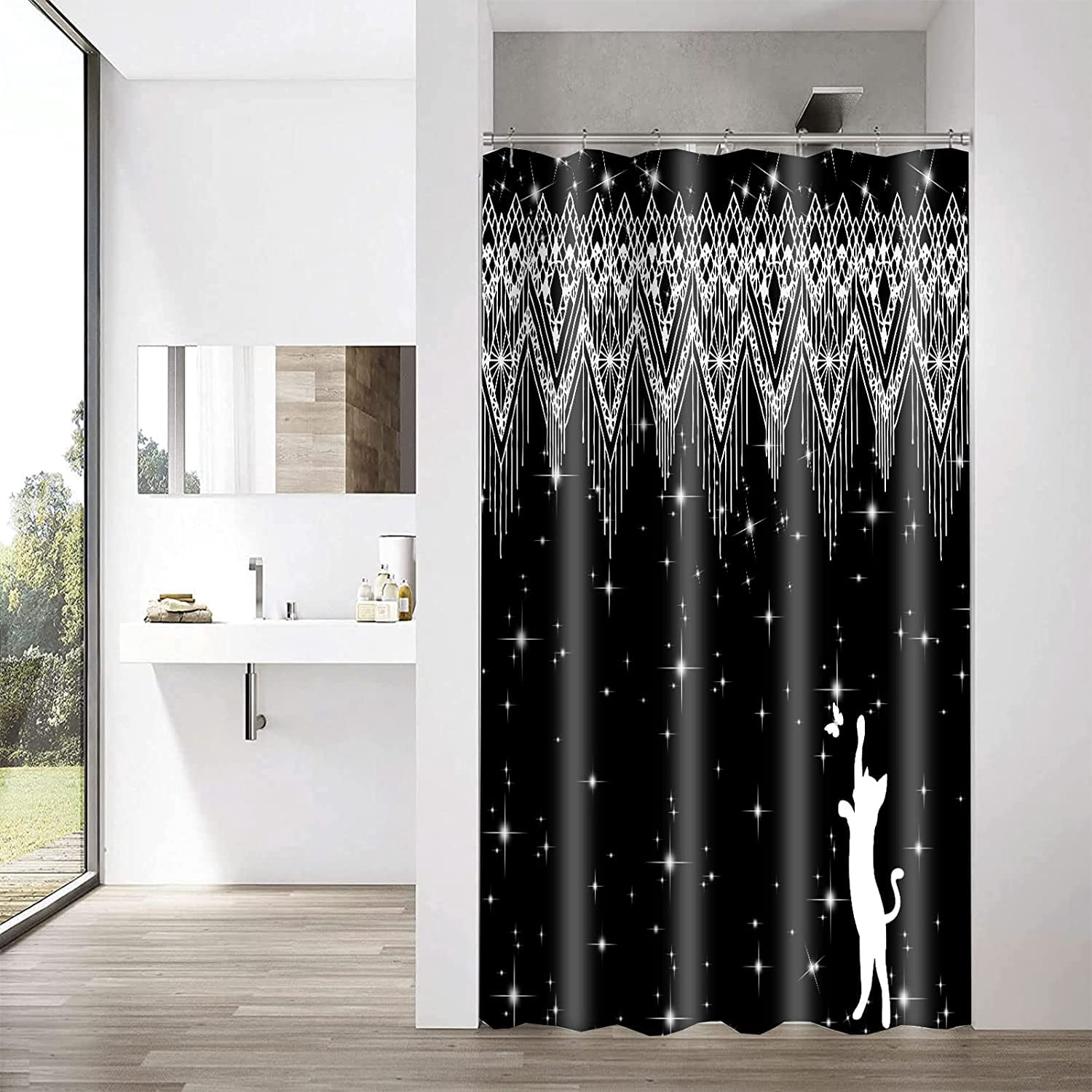 Glitter Stall Bath Shower Curtain Black Bobo Fringe Geometric Bathroom Curtain Water-Repellent Fabric with Hook Size 36"x72" Shower Curtains for Home Bathtubs Decoration