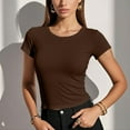 thumbnail image 2 of MIXUE Boho Tops For Women Summer Solid Color Round Neck Short Sleeve Slim Fit Casual Soft Pullover Shirts For Women Tee Shirts Daily-Wear,Brown,M, 2 of 4