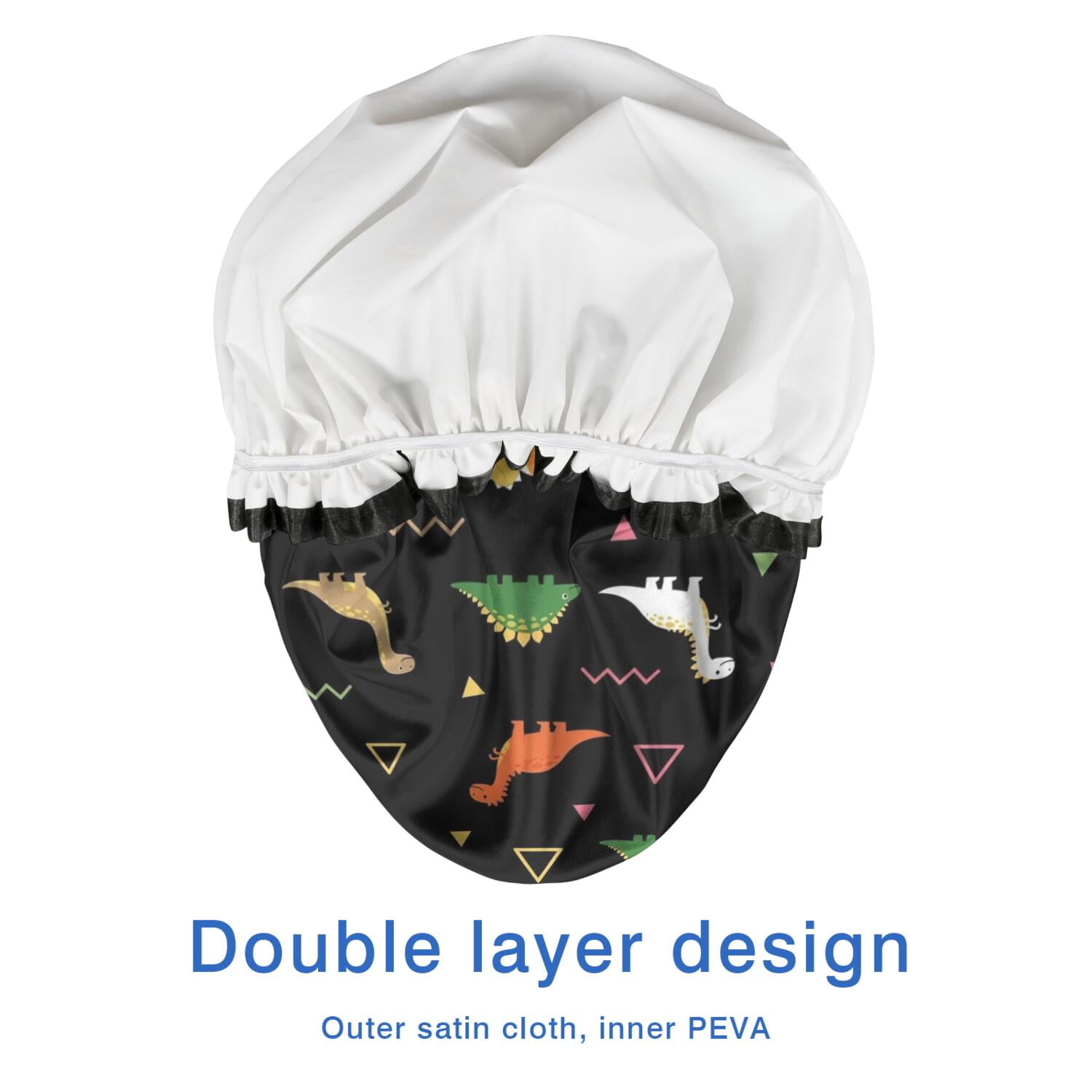 Shower Caps,Black Dinosaurs Geometric Pattern Waterproof Shower Cap for Women 4 Pieces,Double Reusable Hair Cover for Shower PEVA Elastic Stretch Hem