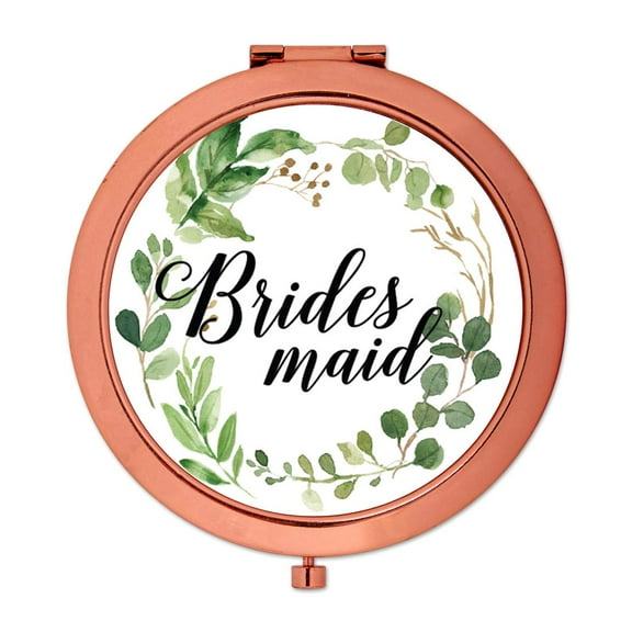 Koyal Wholesale Compact Mirror Bridesmaid Wedding Gift, Rose Gold, Greenery Green Leaves, 1-Pack