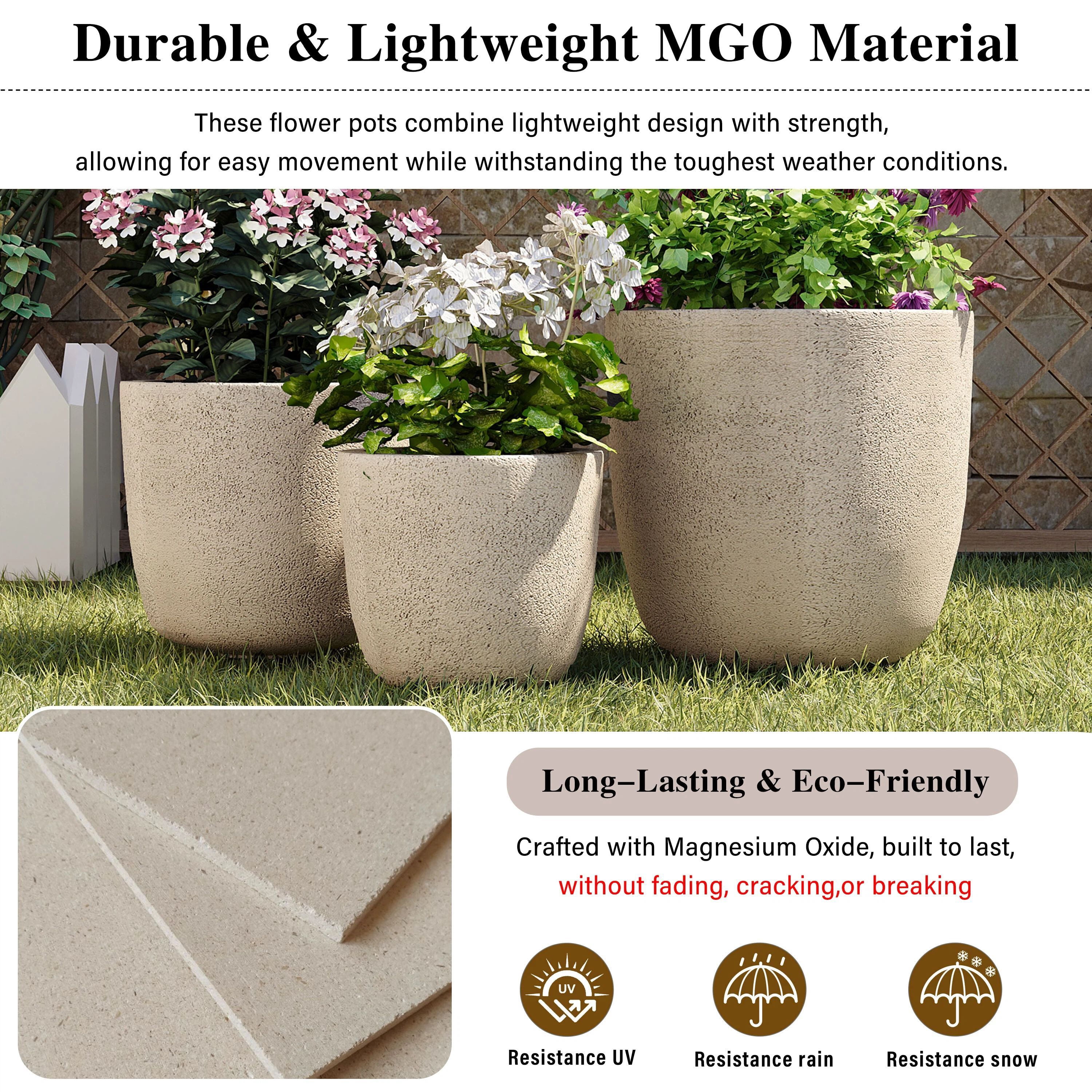 Euroco Lightweight Flower Pot Set of 3, 16.93"+13.98"+11.22" Dia Round Concrete Stackable Planter with Drainage Holes and Rubber Plug,Modern Decorative Pots for Indoor Outdoor,Patio Garden Balcony