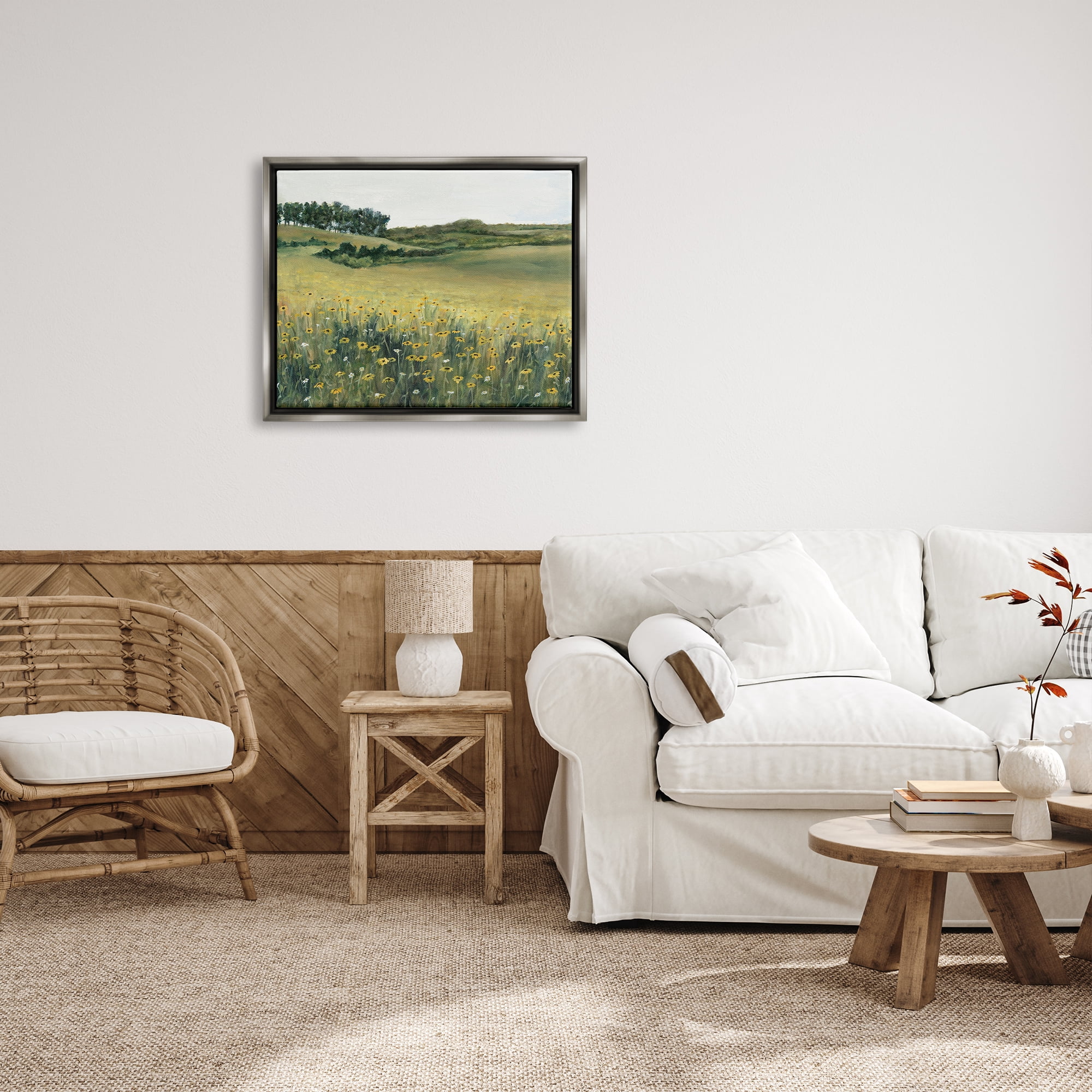 Stupell Industries Rural Daisy Meadow Nature Painting Gray Floater Framed Art Print Wall Art, 31 x 25