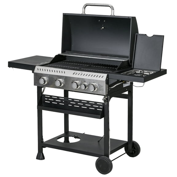 Beyamis 4-Burner Propane Gas BBQ Grill with Side Burner (40,000 BTU) – Outdoor Barbecue with Shelves, Thermometer & Bottle Opener, Black