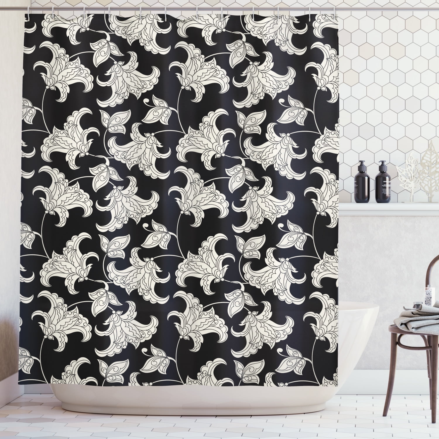 Flower Shower Curtain, Vintage Style Blossoming Flowers on Dark Toned ...