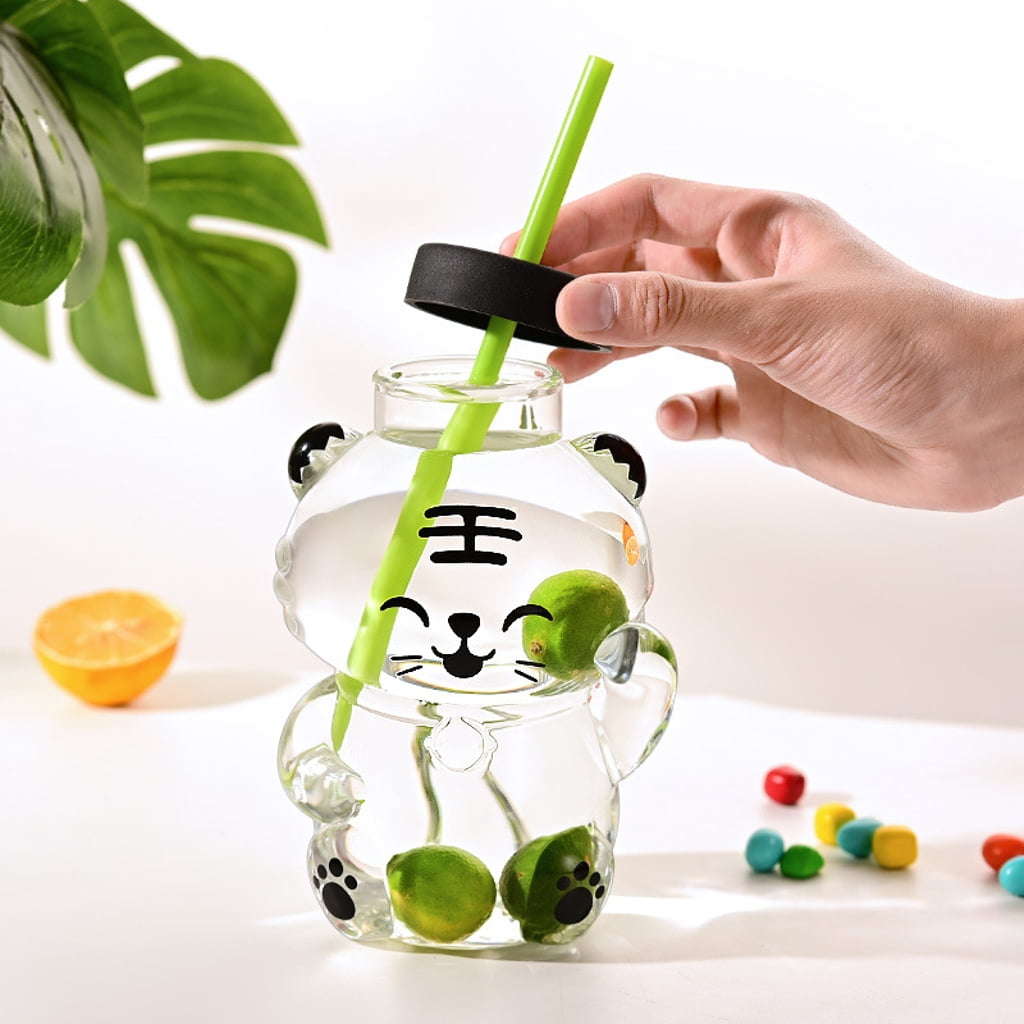 lanema Safe Glass Bear Cup With Straw Spill Resistant Cover For Kids Adults