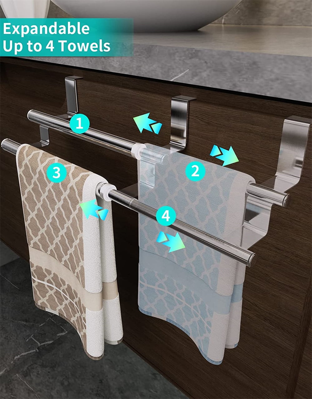 Casewin 1 Pack Cabinet Towel Rails,Adjustable Over Door Towel Rack Sink Towel Holder Stainless Steel Tea Towel Rail Kitchen Bathroom Towel Rack Over Door Cupboard Drawers Anti-Slip
