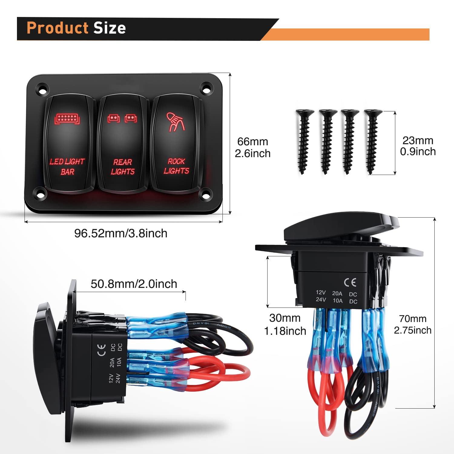 Waywe 3 Gang Rocker Switch Panel Aluminum 5 Pin ON Off Toggle Switch Panel LED Light Bar Switch SPST 12V 24V Red Switches for Marine Boats Cars ATVs UTVs