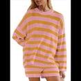 thumbnail image 2 of Conjunto de Pijama de Dos Piezas para Mujer, de Gran Tamaño, con Suéter A Rayas, Top de Larga y Pantalones Cortos. Naranja L, 2 of 5
