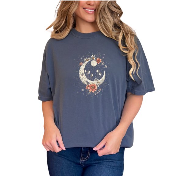 Moon Phases Illustration T-Shirt, Floral Art Graphic Tee, Celestial Themed Shirt, Boho Moon and Flowers Top, Mystical Moon Phases Tee, Denim Comfort Colors T-Shirt, Small