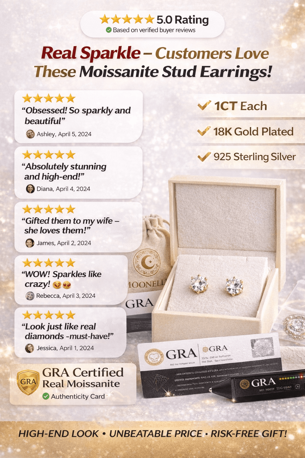 MOONELLE 3Ct Round Cut Moissanite Stud Earrings for Women, 925 Sterling Silver, Yellow Gold Plated
