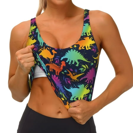 Goofa Colorful Dinosaur Printed Sports Bras for Women  High Impact Running Bra Workout Crop Tank Tops Longline Sports Bra Push up-Large