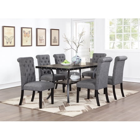 Contemporary Dining Room Furniture 7pc Set Rectangle Dining Table 6x Side Chairs Charcoal Fabric Cushion Storage Shelve Table