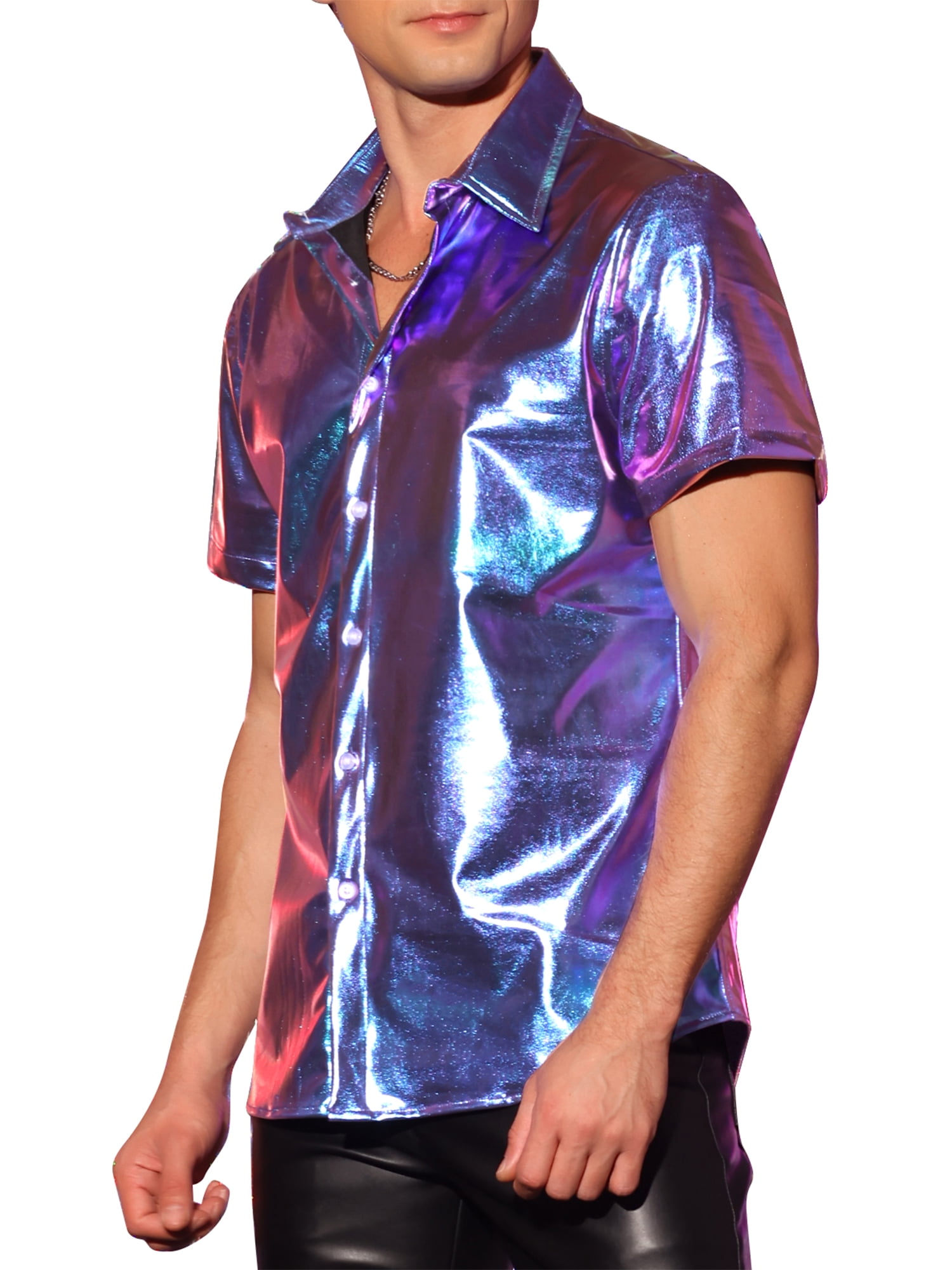 INSPIRE CHIC Holographic Shirts for Men's Crew Neck Short Sleeves Metallic Tops