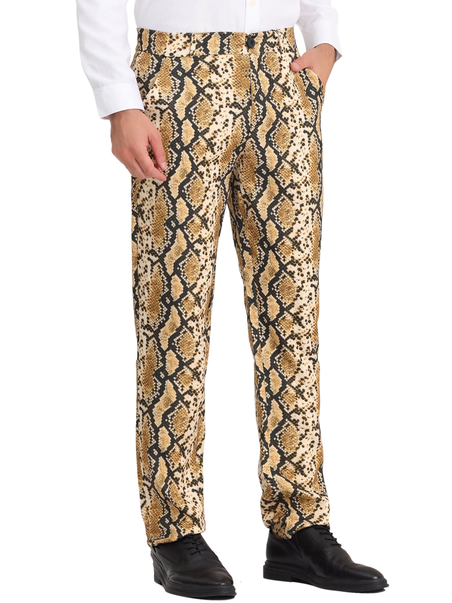 Unique Bargains Men's Animal Printed Flat Front Zipper Closure Party Prom Dress Pants 28 Snake Print