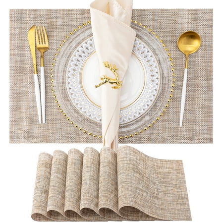 

Koncle Placemats Set of 6 Washable Indoor/Outdoor Vinyl Place Mats for Dining Table Durable PVC Weave Table Mats(Caramel)