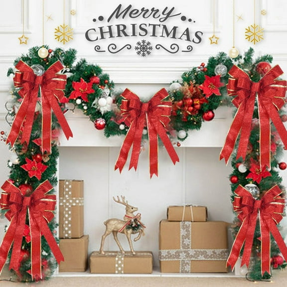 DAMAI Large Lighted Red Bows for Christmas Tree Topper, 16 x 9 Inch Christmas Bows Glitter Christmas Tree Topper Bows Wreath Bow for Fall Halloween Thanksgiving Christmas Decorations