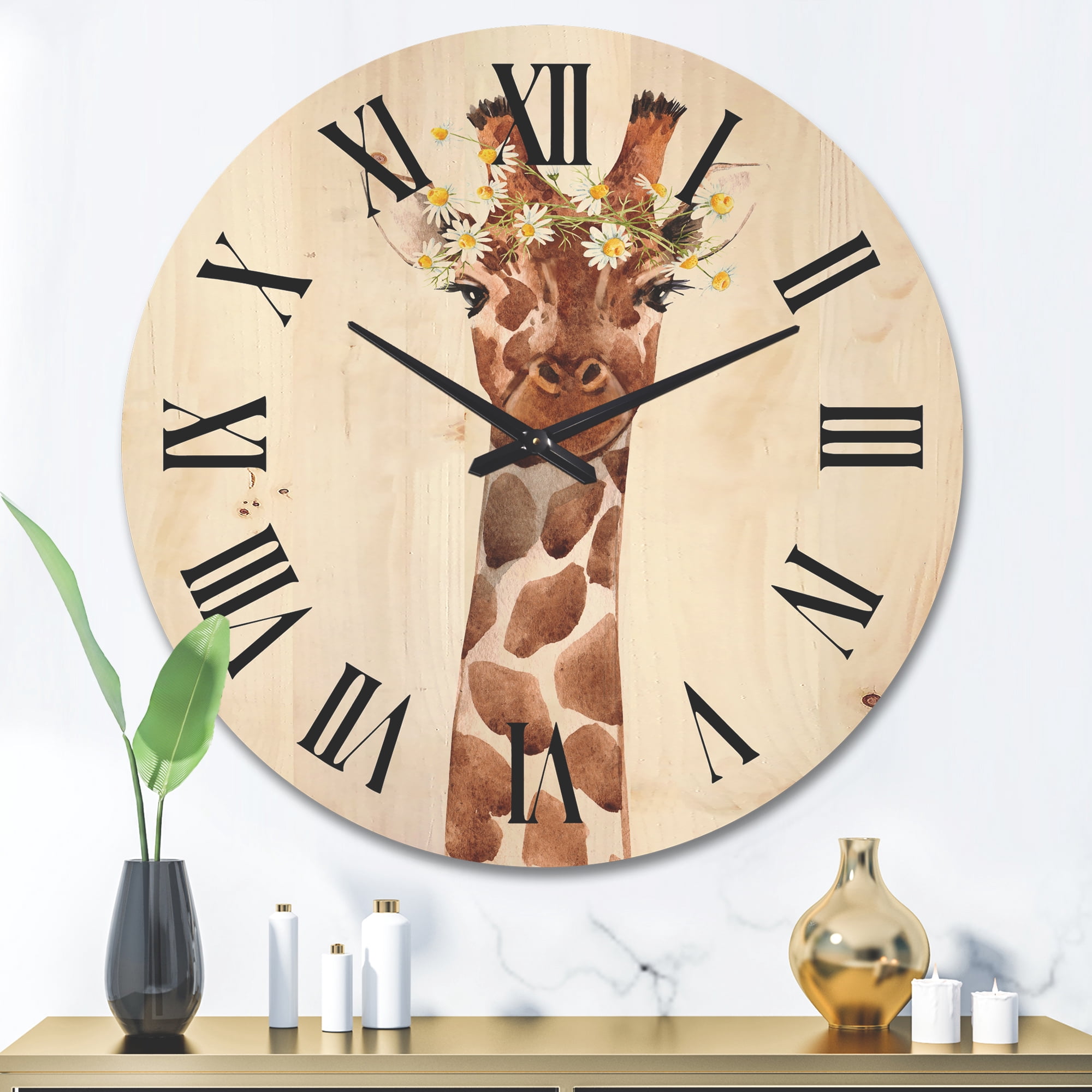 Designart 'Portrait of A Giraffe With White Flowers' Farmhouse Wood Wall Clock