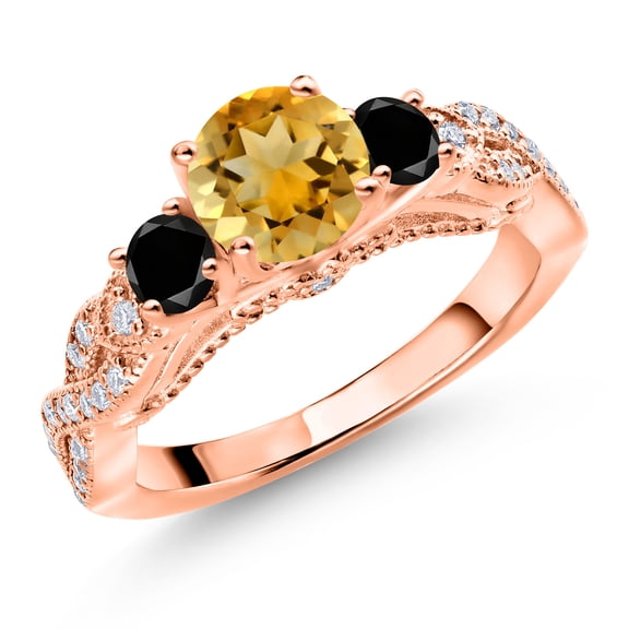 Gem Stone King 18K Rose Gold Plated Silver Yellow Citrine Black Diamond and White Moissanite Engagement Ring for Women (1.27 Cttw, Gemstone November Birthstone, Round 6MM and 3MM, Size 7)