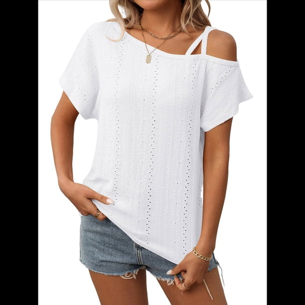 Blusas Cruzadas de un Solo Hombro para Mujer, Camisetas de Verano con Hombros Descubiertos, Blusas Casuales de Corta con Ojales. XL