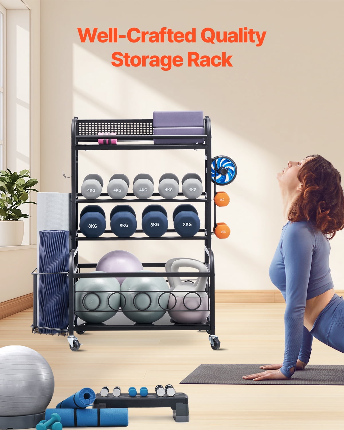 VEVOR Yoga Mat Storage Rack, Home Gym Workout Equipment Organizer, Powder Coated Finish Steel Yoga Mat Holder with Hooks & Wheels, Weight Rack for Dumbbell, Kettlebell, Foam Roller, and Yoga Strap