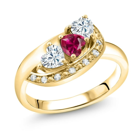 Gem Stone King 18K Yellow Gold Plated Silver Red Created Ruby White Moissanite and White Created Sapphire Engagement Ring for Women (0.82 Cttw, Gemstone July Birthstone, Heart Shape 4MM, Size 6)