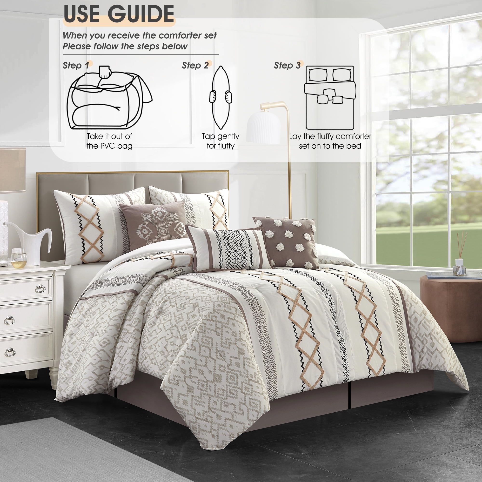 Lanco Luxury Taupe Comforter Set King Size , 15 Piece Terry embroidery, All Season Room-In-A-Bag