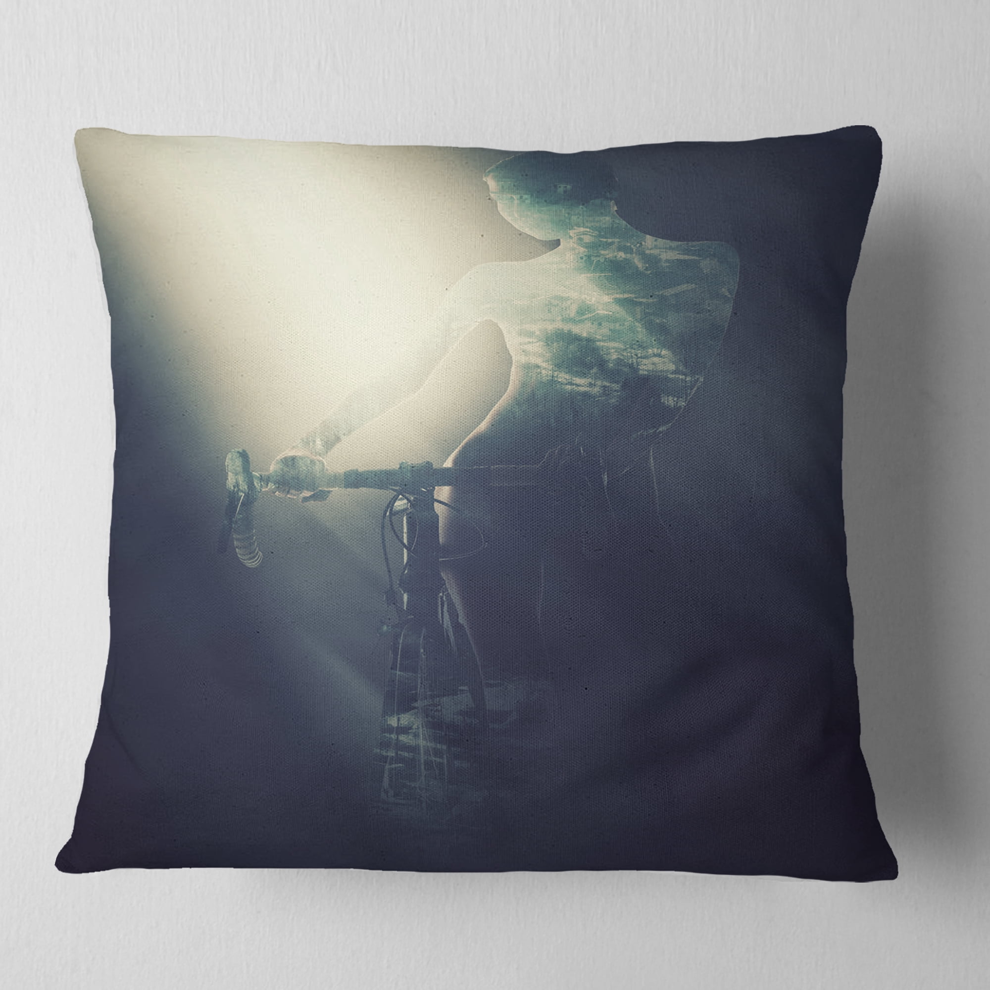 Designart Woman with Bicycle in Spotlight - Portrait Throw Pillow - 18x18